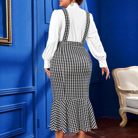 Houndstooth Print Mermaid Hem Skirt with suspenders - Picture 8 of 8